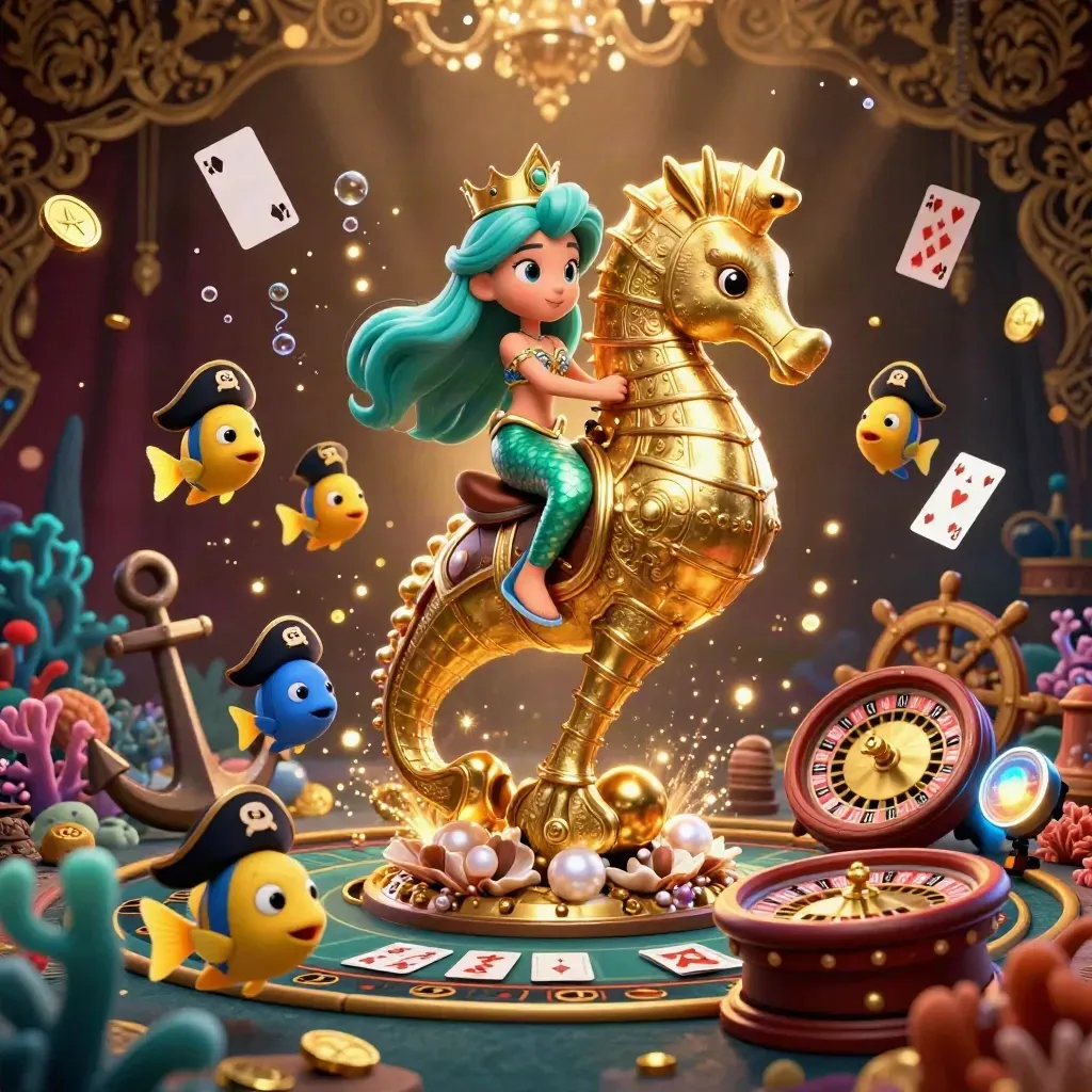 Mermaid princess on armored seahorse in a treasure cove with cards, roulette wheel, and gold bokeh.