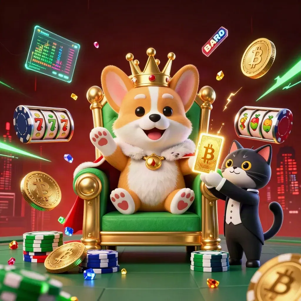 Royal corgi king and cat butler amid neon coins, slot reels, and electric casino energy.
