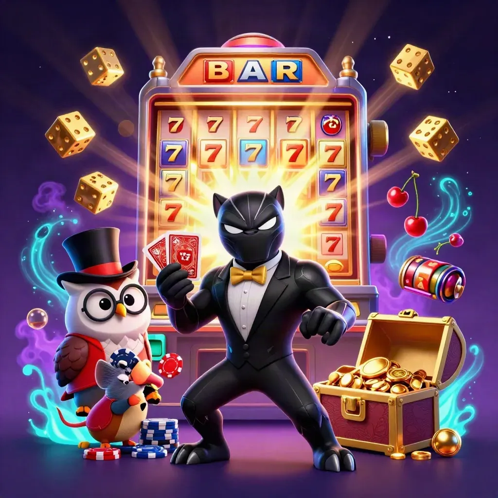 Panther, owl, and mouse burst around a jackpot slot machine and treasure chest in neon casino light.