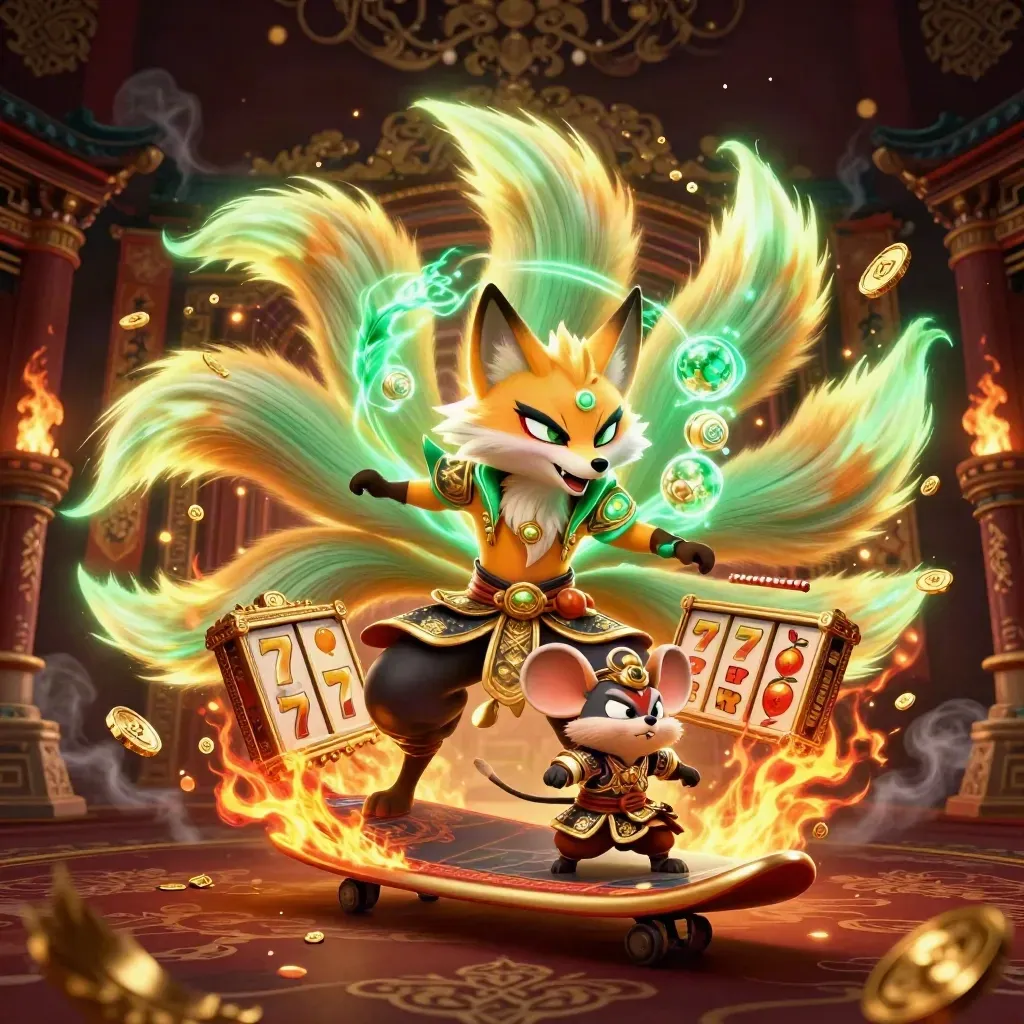 Neon fox spirit and armored mouse amid casino relics, coins, temple gate, and fire