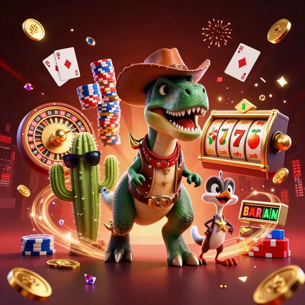 Cowboy T-Rex with cactus and roadrunner amid poker chips, coins, cards, and roulette glow
