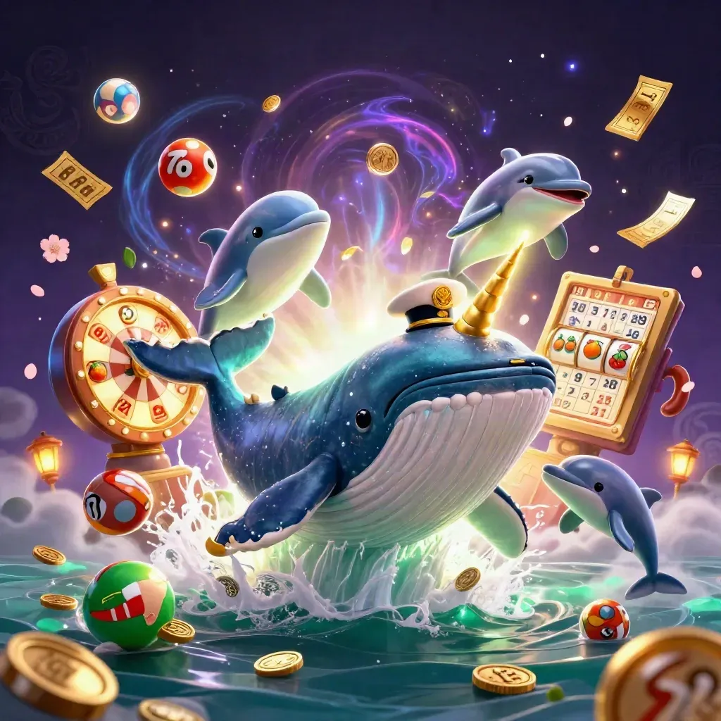 Whale captain, narwhal and dolphins burst through coins amid casino relics and green-gold magic.