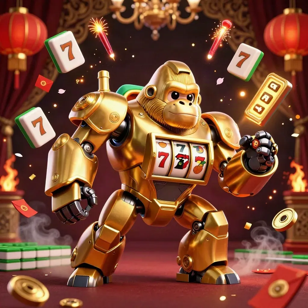Golden gorilla mech with tiny monkey pilot amid casino and lucky charm bursts