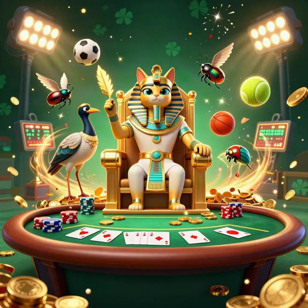 Pharaoh cat, ibis scribe and scarabs amid coins, poker chips, fireworks and vault light.