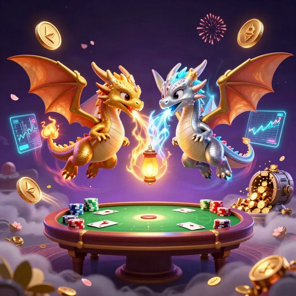 Gold and silver dragons clash in a vault-like poker scene with coins, chips, and fireworks