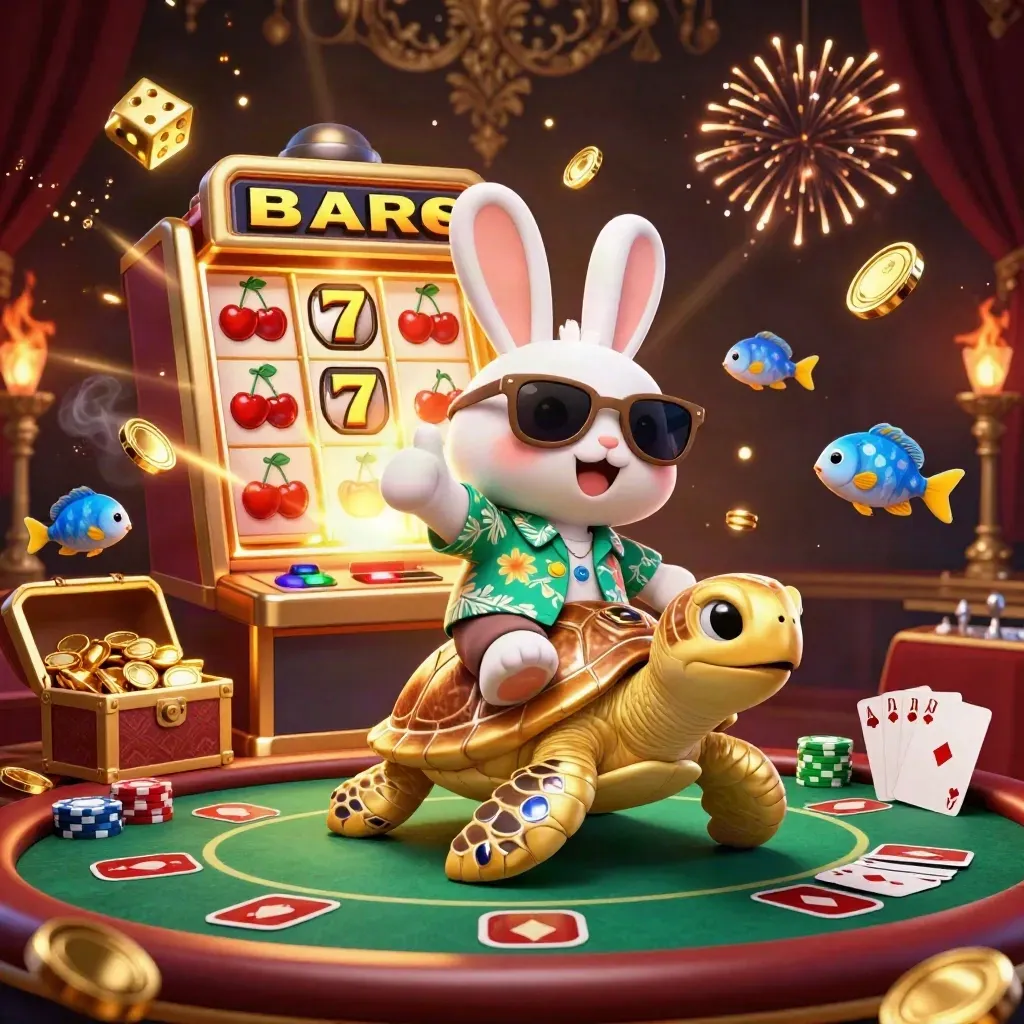 Lucky rabbit on a golden sea turtle amid coins, dice, poker chips, and fireworks