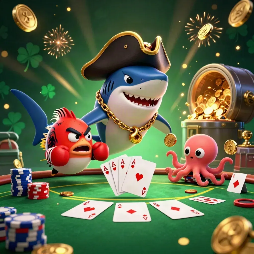 Pirate shark, pufferfish, and octopus amid coins, chips, cards, and fireworks