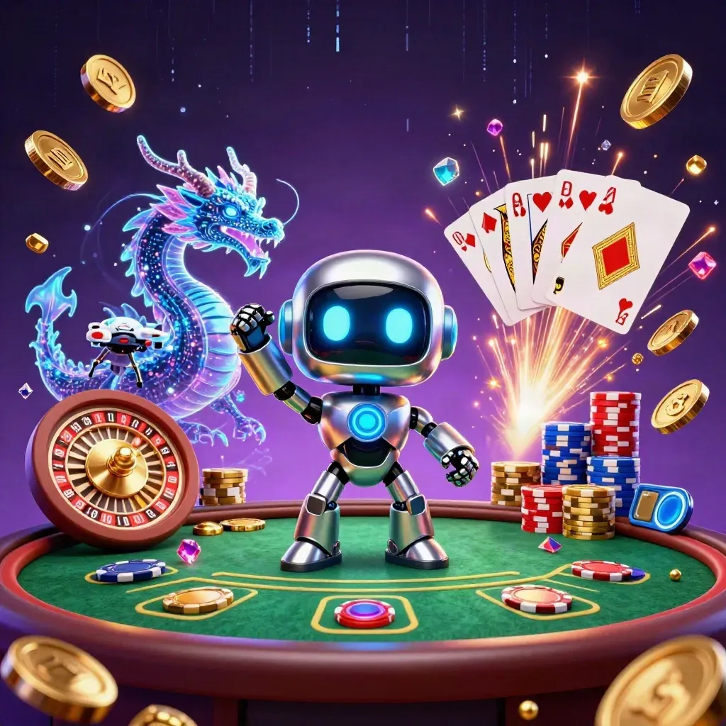 Cyberpunk robot, holographic dragon, and coin drone explode in casino riches.