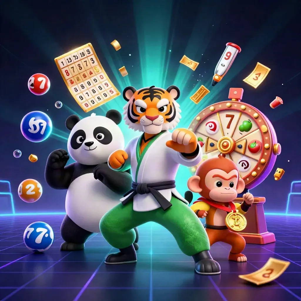 Kung-fu tiger, panda, and monkey amid glowing casino tokens and slot reels.