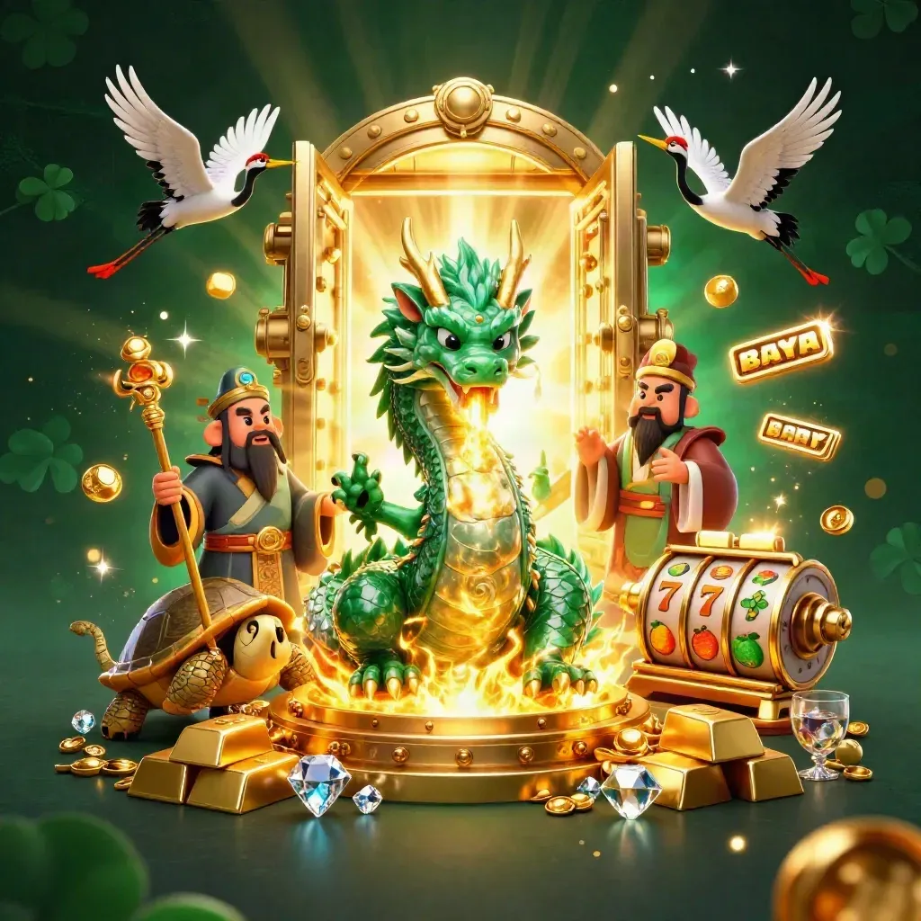 Emerald dragon, turtle sage and cranes burst from a vault door with gold, reels and magical light.