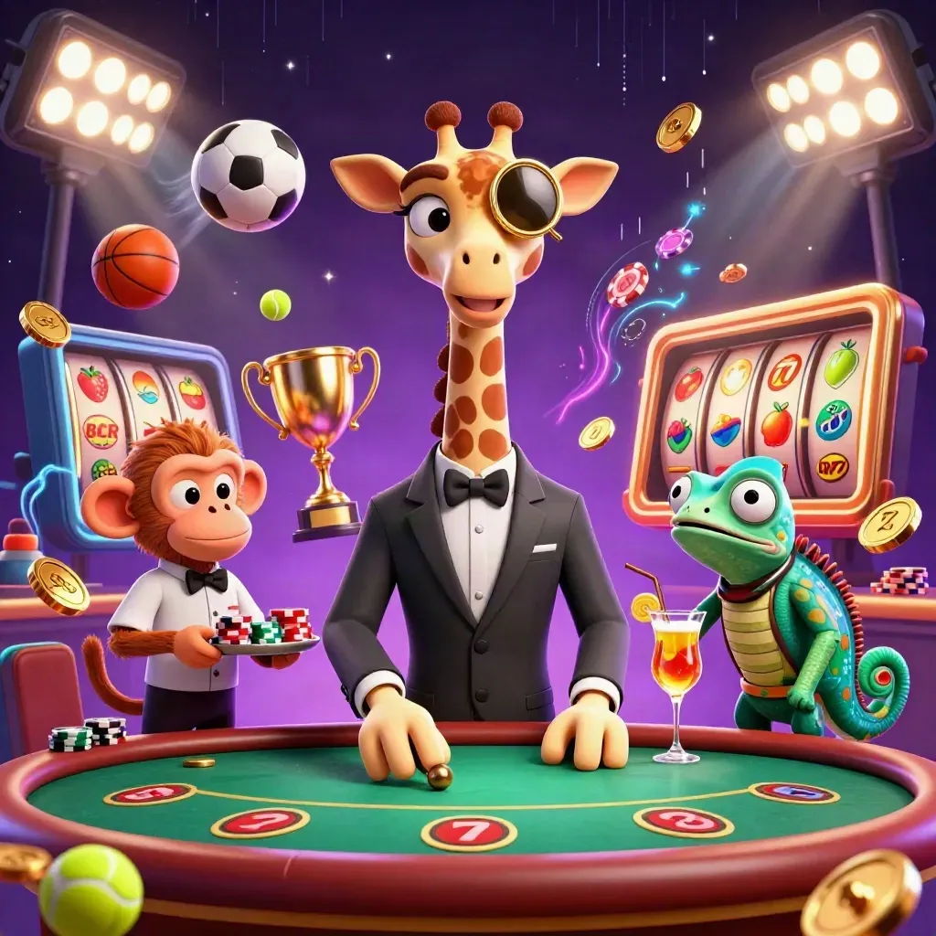 Giraffe high roller, monkey valet and chameleon bartender amid neon casino action and flying sports balls.