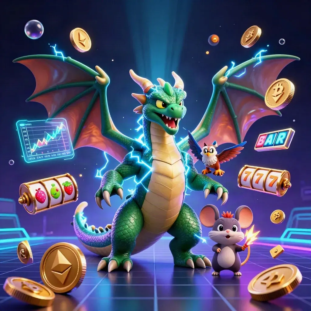 Thunder dragon, glowing hawk, and static mouse amid neon coins, reels, lightning, and a dark casino backdrop.