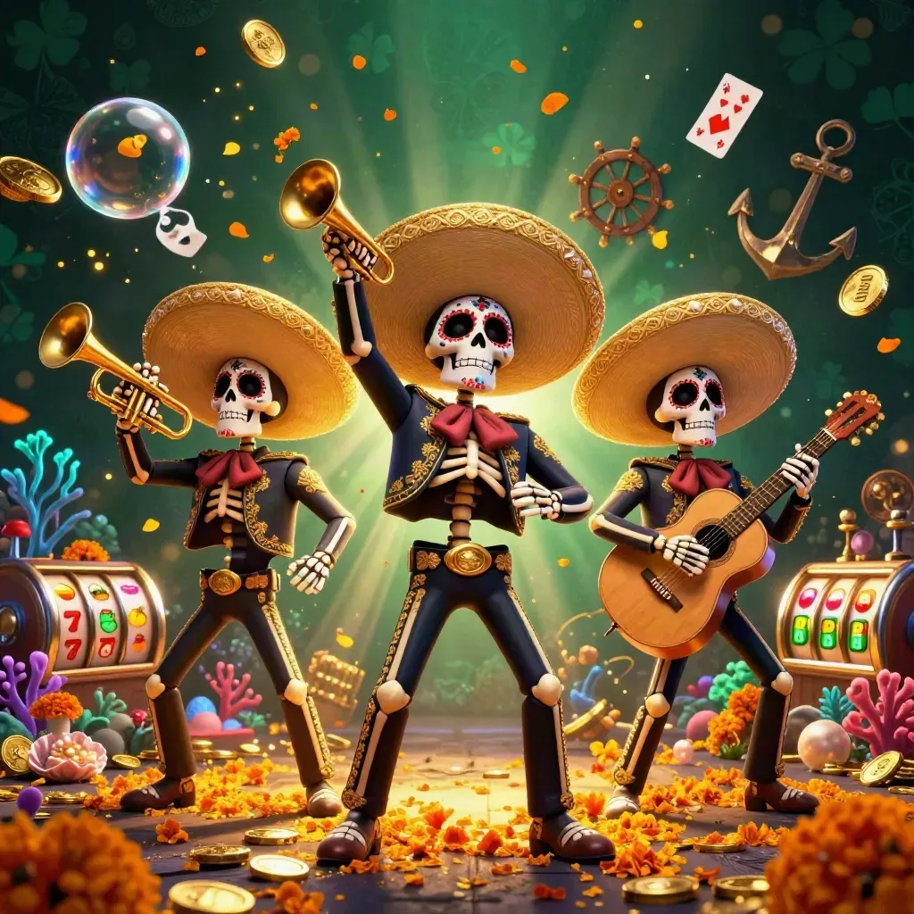 Day-of-the-Dead skeleton mariachi trio in a gold-lit underwater casino cove with treasure, cards, and reels