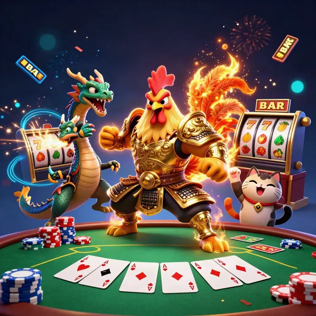 Rooster warrior, dragon hatchling, and fortune-cat amid poker chips, aces, sparks, and casino effects