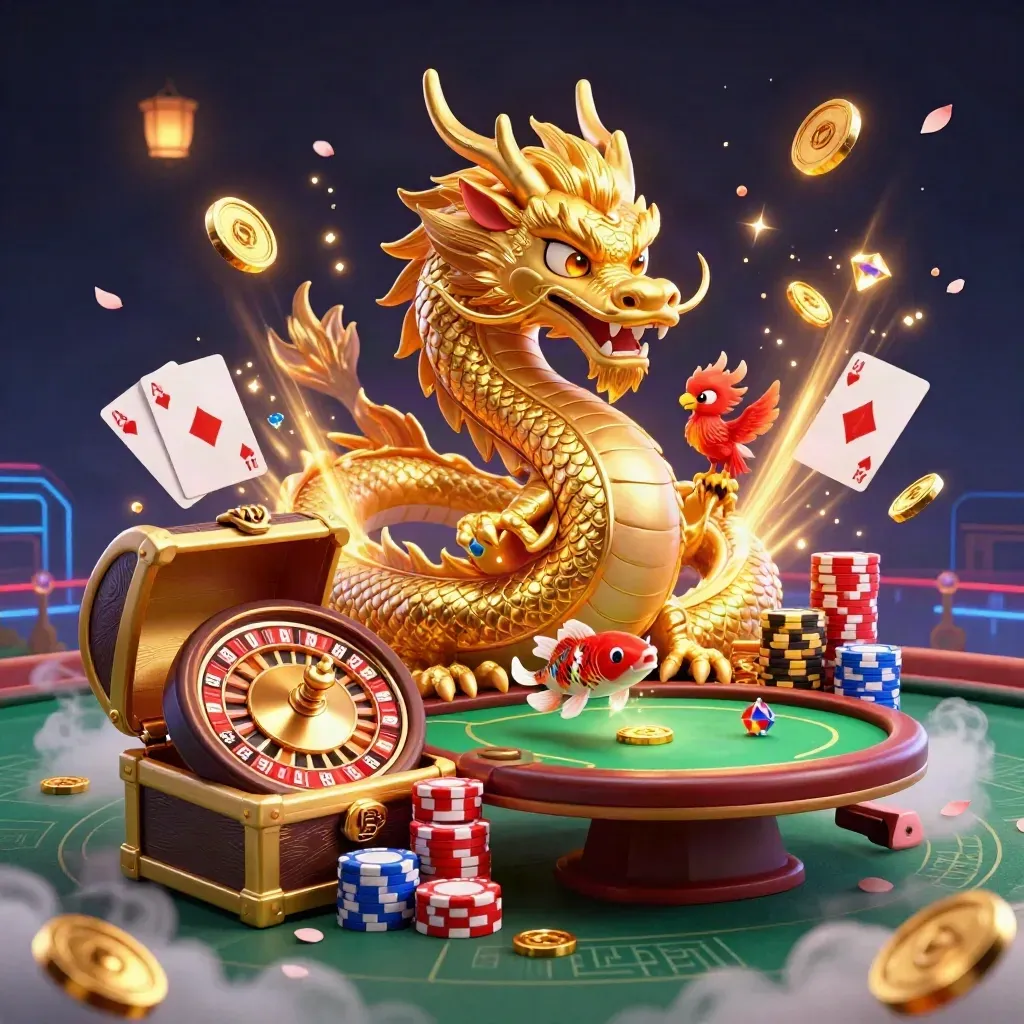 Golden dragon with phoenix, koi, chips and coins on a dark neon casino background
