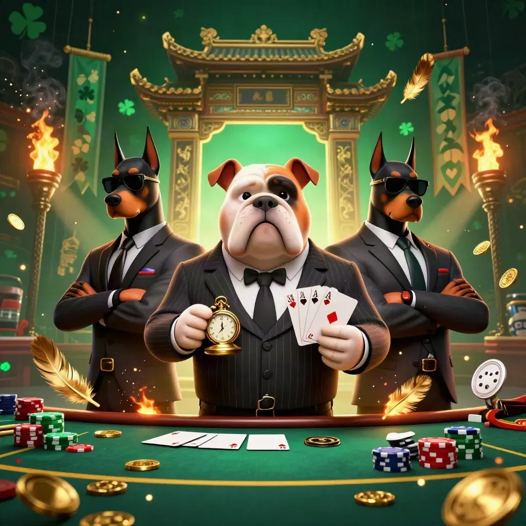 Bulldog boss with two Dobermans in a neon casino-poker scene, gold chips and emerald smoke