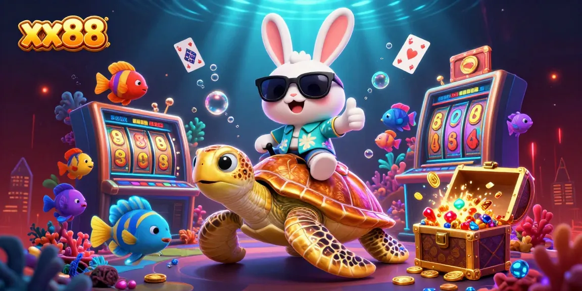 Engage with the excitement of xx88 as a lucky rabbit embraces adventure in a vibrant underwater casino.