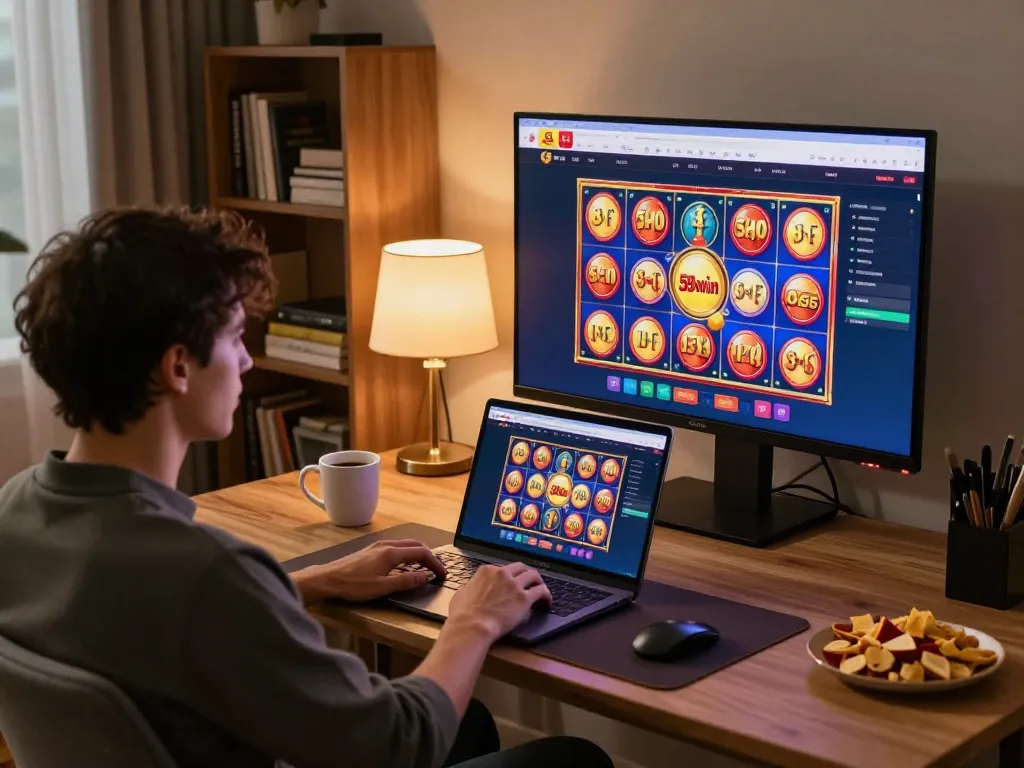 Player enjoying 58win online gaming experience at home with laptop and snacks.
