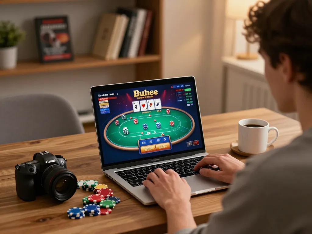 Navigating the NK88 online casino with engaging poker gameplay strategies in a cozy home setting.
