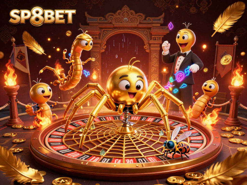 Experience thrilling action at SP8BET with a dynamic roulette scene featuring a golden spider and colorful game elements.