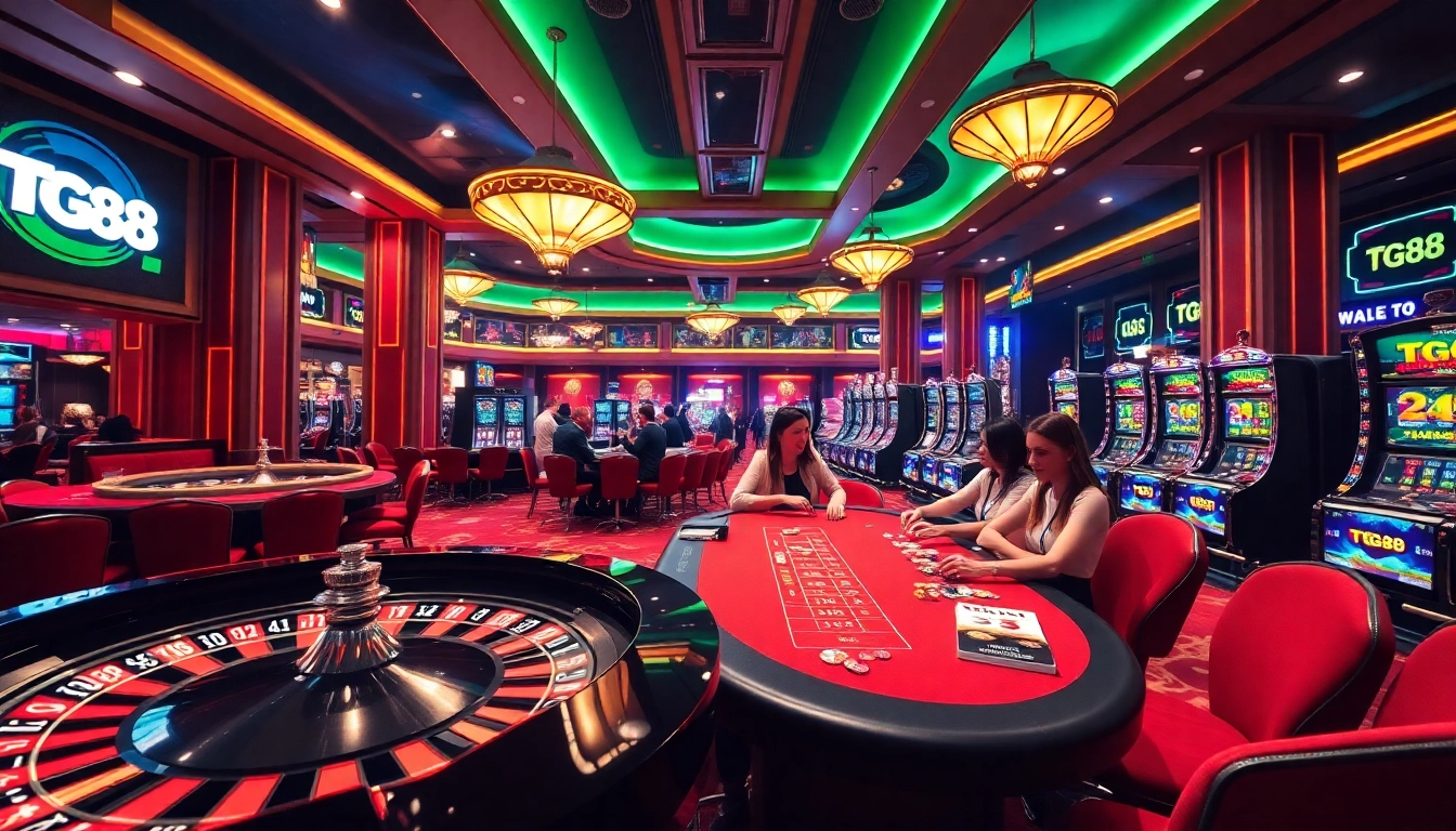 Players enjoying high-stakes gaming at TG88 casino with vibrant atmosphere and exciting interactions.
