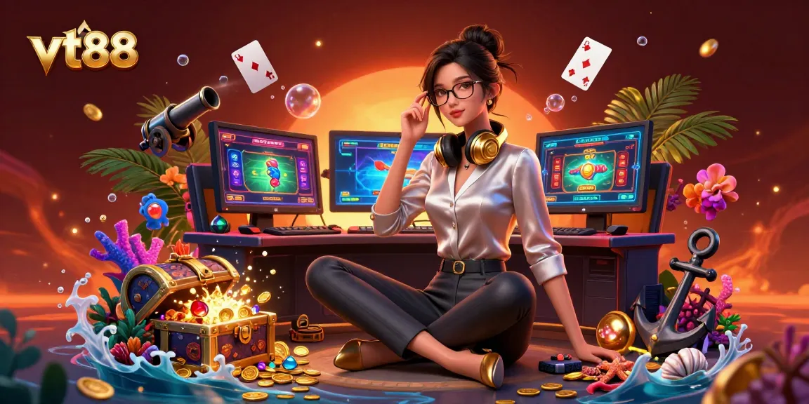 Win big at vt88 with a stunning gaming setup featuring casino games, gold coins, and vibrant treasures.