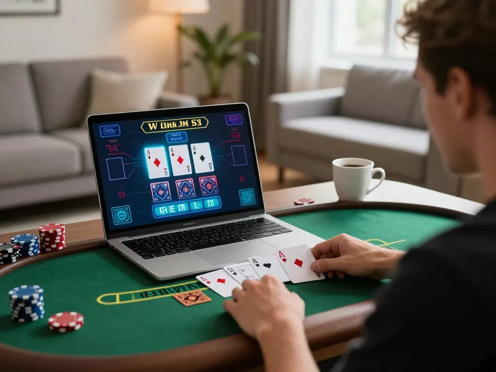 Player enjoying a live dealer blackjack game at home, showcasing nhà cái jun88 for immersive online gambling experience.