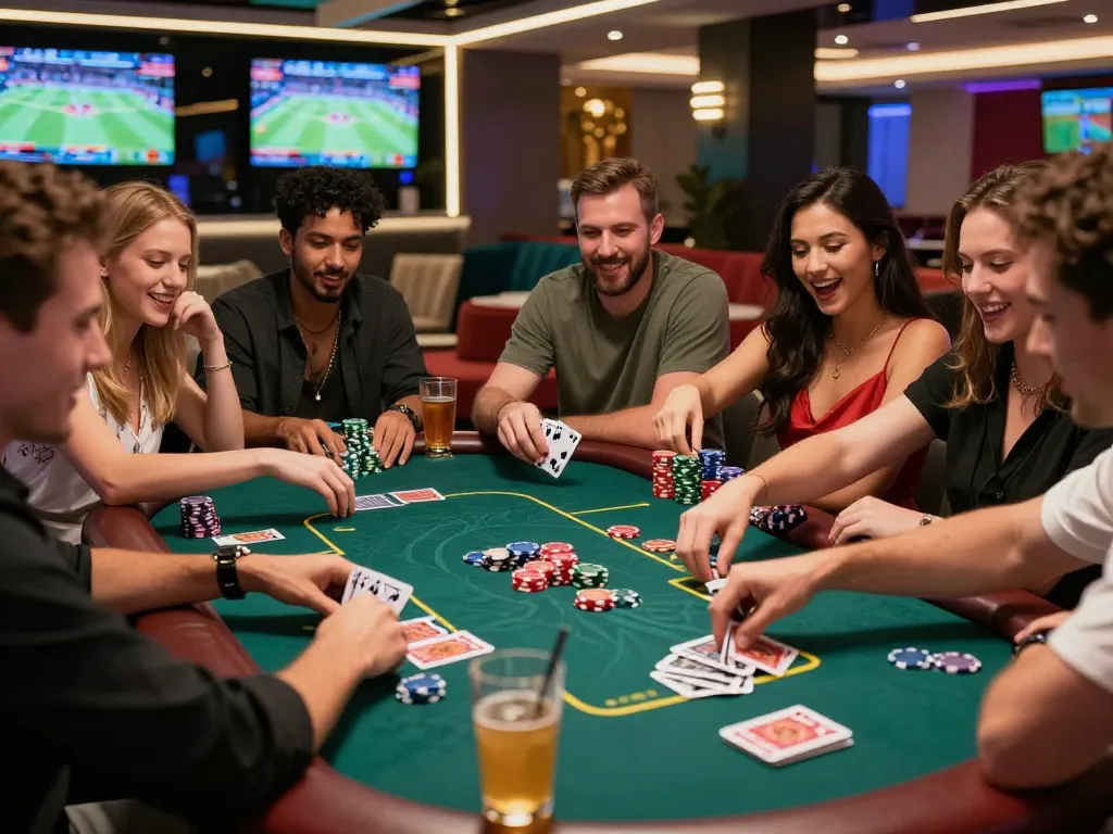 Exciting gaming experience at SC88, where friends enjoy card games and vibrant casino ambiance.