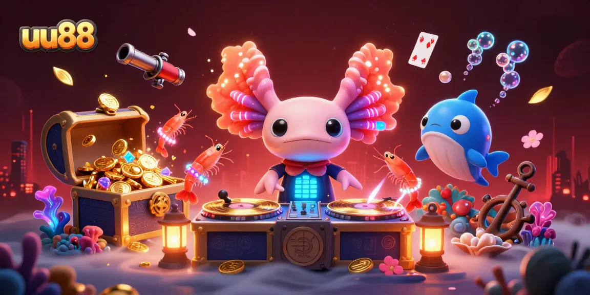 uu88 energetic casino scene with neon axolotl DJ and vibrant gaming elements