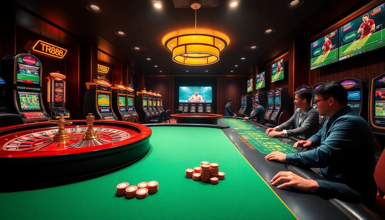 Experience the excitement of gambling with TR88, featuring vibrant casino tables and thrilling slot machines.