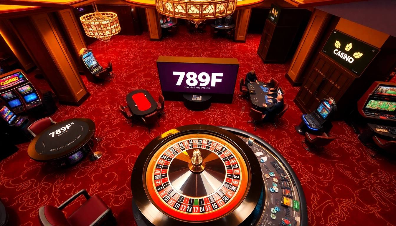 Immerse in the thrilling vibe of 789F's casino scene with vibrant slots and an elegant roulette wheel.