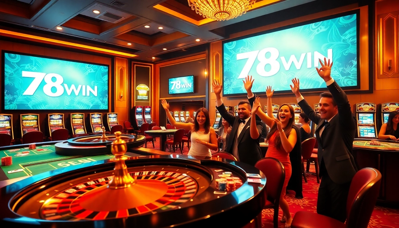 Players enjoying their wins at 78WIN casino tables with vibrant gaming atmosphere.
