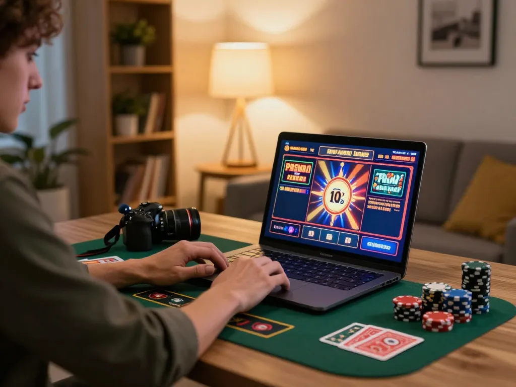 Enjoying strategic online gaming at home with FIVE88 slot machine interface displayed on laptop.