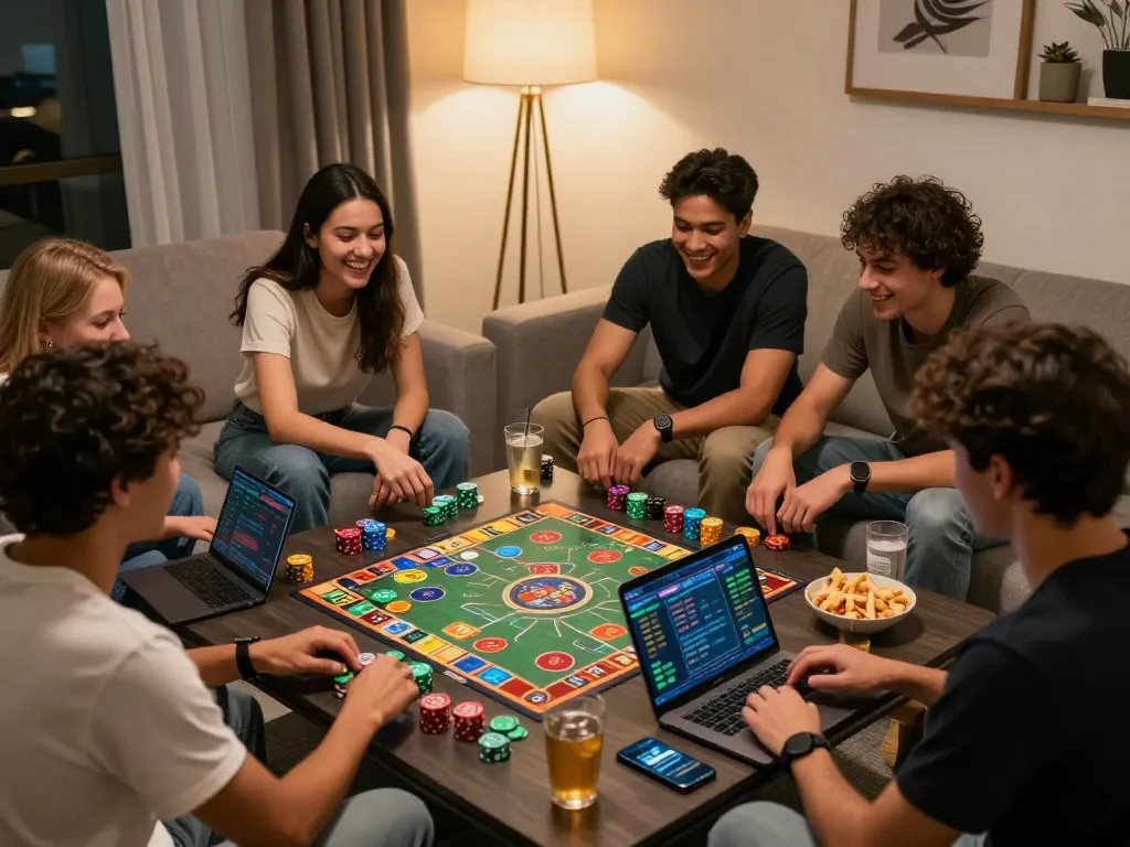 Friends enjoying a fun betting game night with sunwin gaming platforms and vibrant game elements.