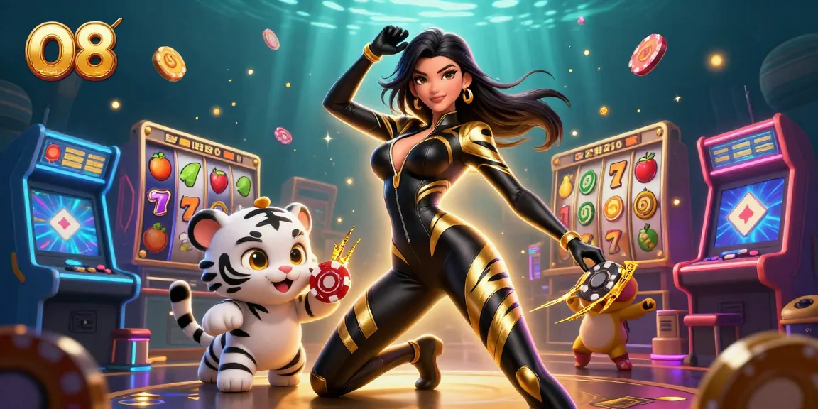 Engage in thrilling gameplay at O8 with vibrant slot machines and captivating tiger companions.