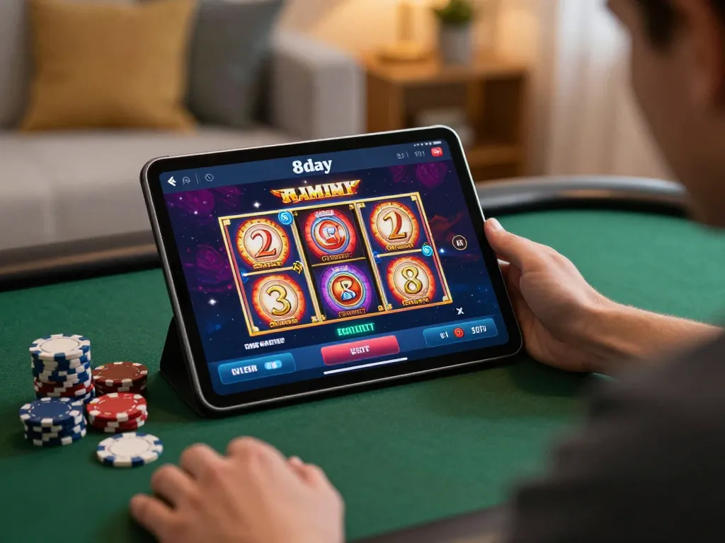Player interacts with the 8day casino app on a tablet in a cozy setting, highlighting a strategic gaming moment