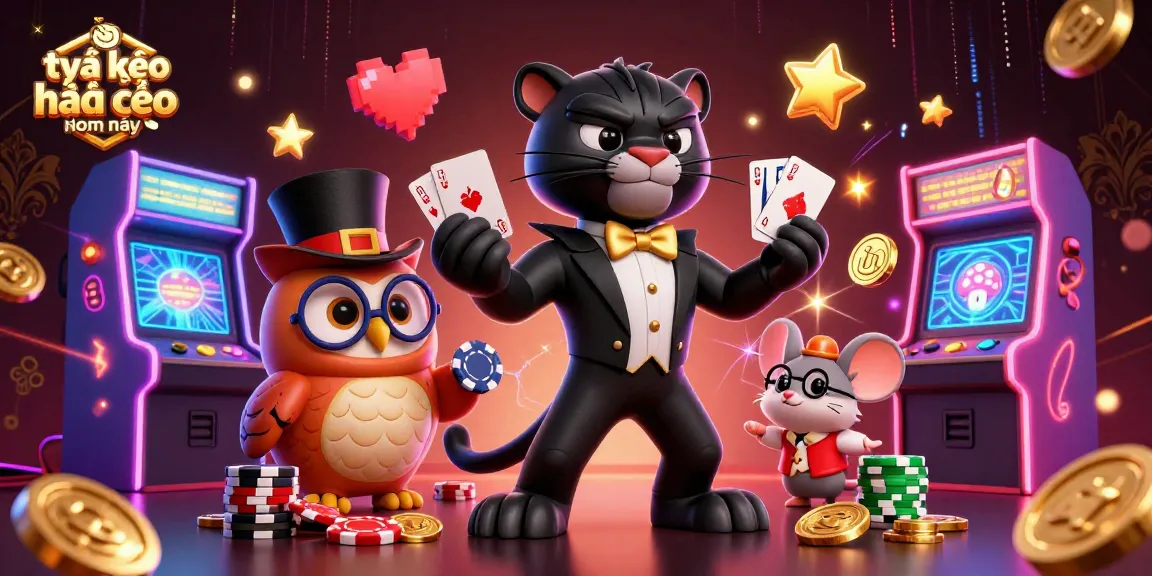 Engage in tỷ lệ kèo nhà cái hôm nay with our charming illustration of a panther, owl, and lucky mouse in a vibrant casino setting.