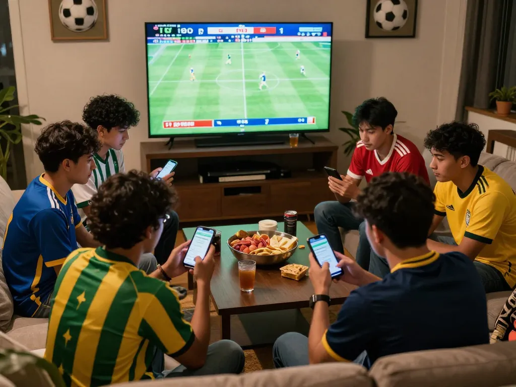 Engaging scene of friends checking tỷ lệ kèo nhà cái while enjoying a live football match together