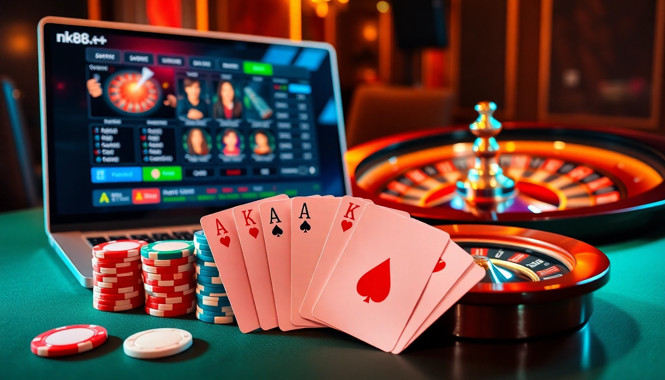 Experience excitement at nk88 with vibrant casino tables, poker chips, and roulette wheels.