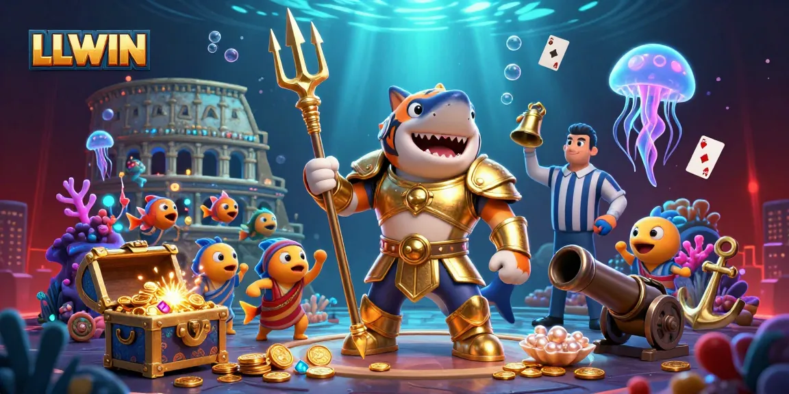LLWIN's exciting underwater casino scene with a tiger shark in gladiator armor and treasure-filled chests.
