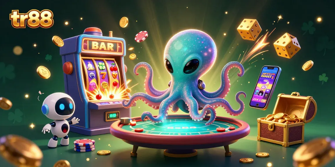 Experience thrilling gaming with tr88 in a vibrant 3D casino illustration featuring an octopus and robot.