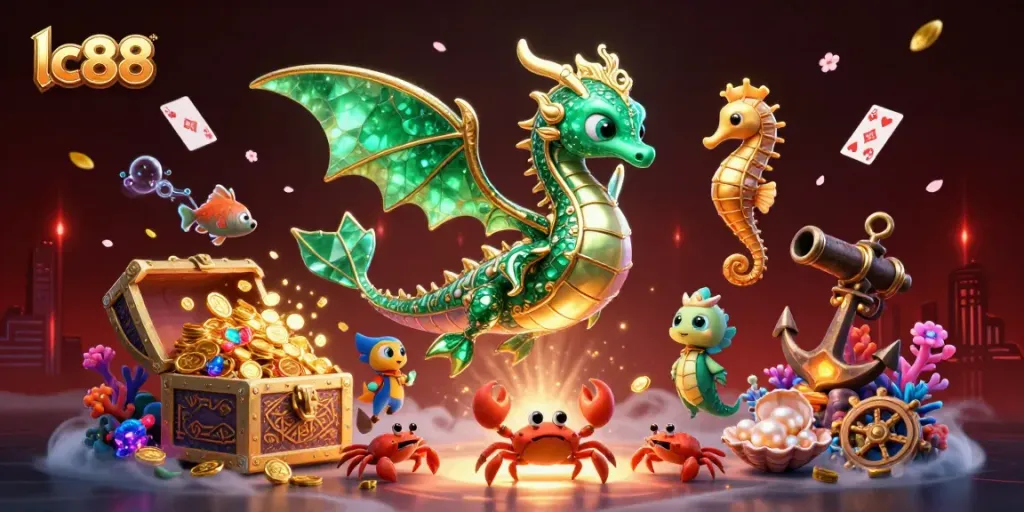 Experience exciting gaming adventures with lc88 in this vibrant underwater casino illustration.