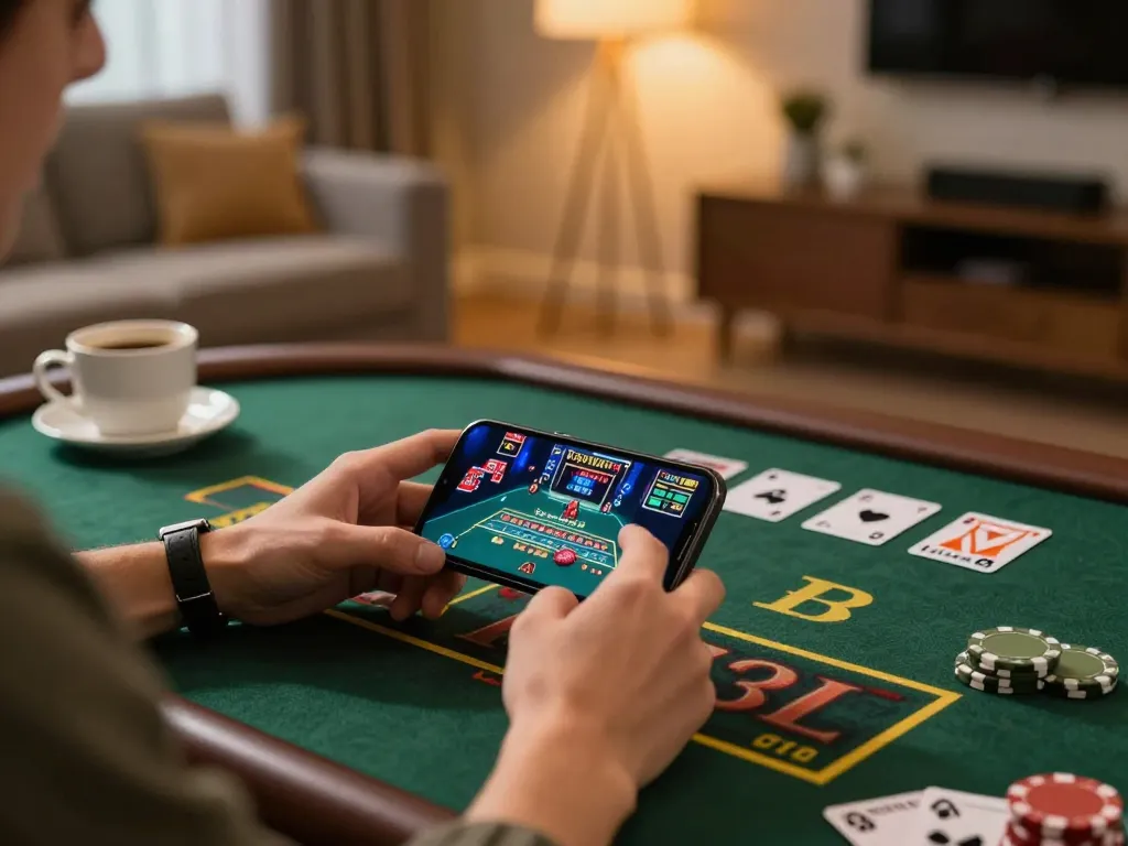 Engaged player using NK88 nhà cái app on smartphone for online gambling strategies.