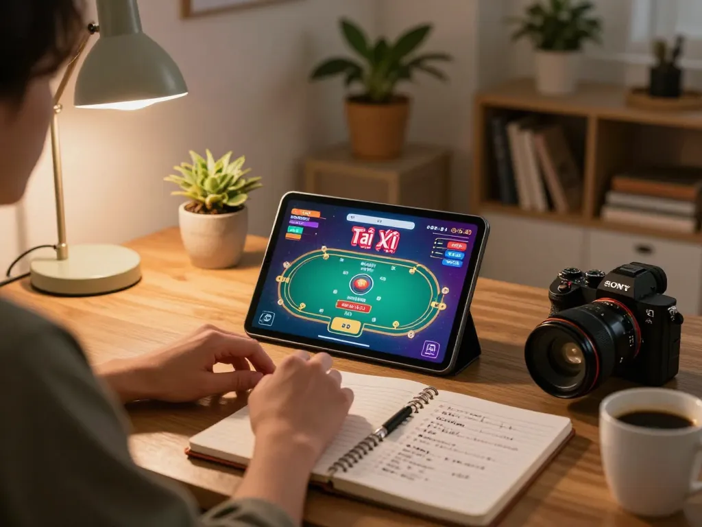 Player engaging in Tài Xỉu gameplay on taixiuonline8 tablet at home with strategy notes.
