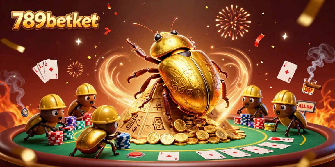 Experience excitement at 789betket with a vibrant scene of golden beetles bustling at a casino.