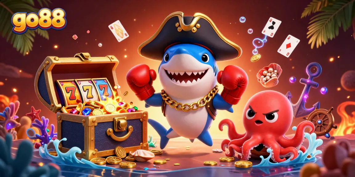 Experience thrilling slots with go88's pirate adventure illustration filled with ocean treasures.