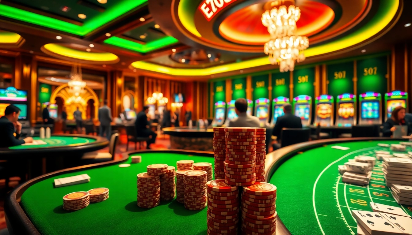 Players enjoying a thrilling casino experience at 9bet with vibrant gaming tables and roulette wheels.