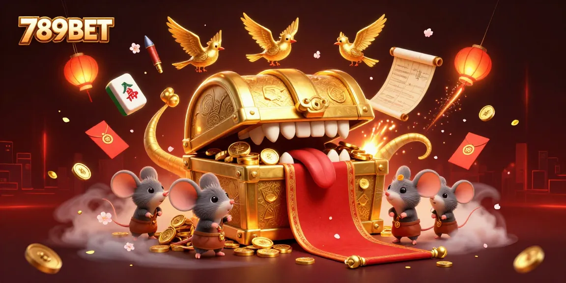 Experience the thrill at 789BET with a dynamic 3D treasure chest surrounded by gold coins and festive casino elements.
