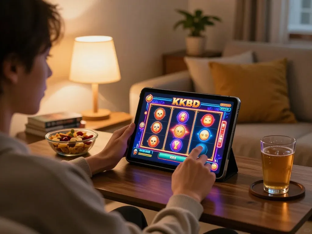Engaging in online slots at KKBD Casino with vibrant graphics in a cozy home setting.