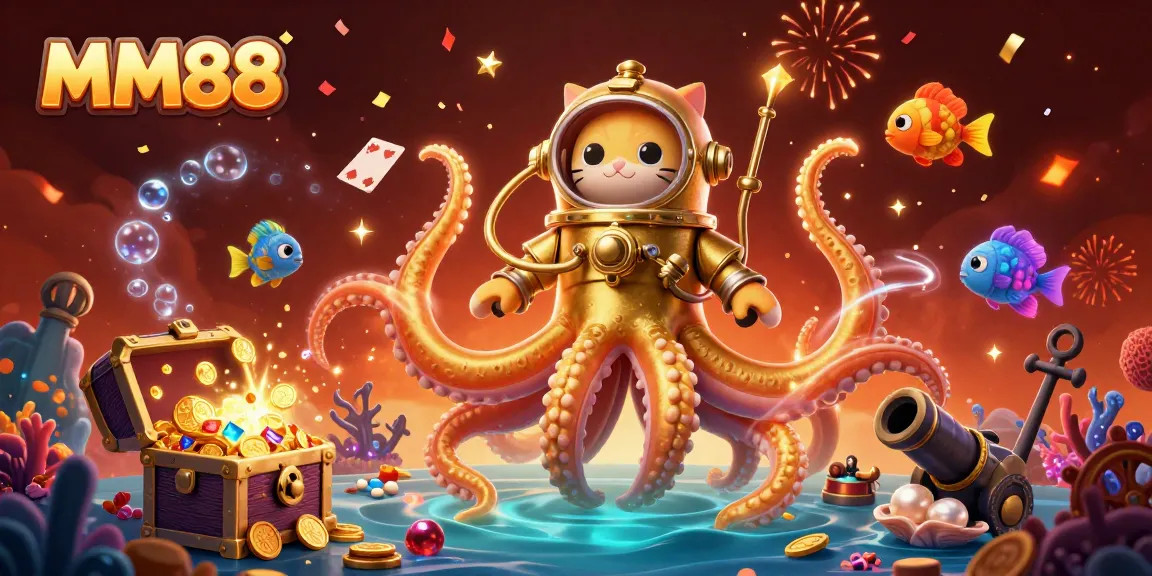Play and win at MM88 with 3D cartoon characters, kraken and diving cat, amidst vibrant casino elements.